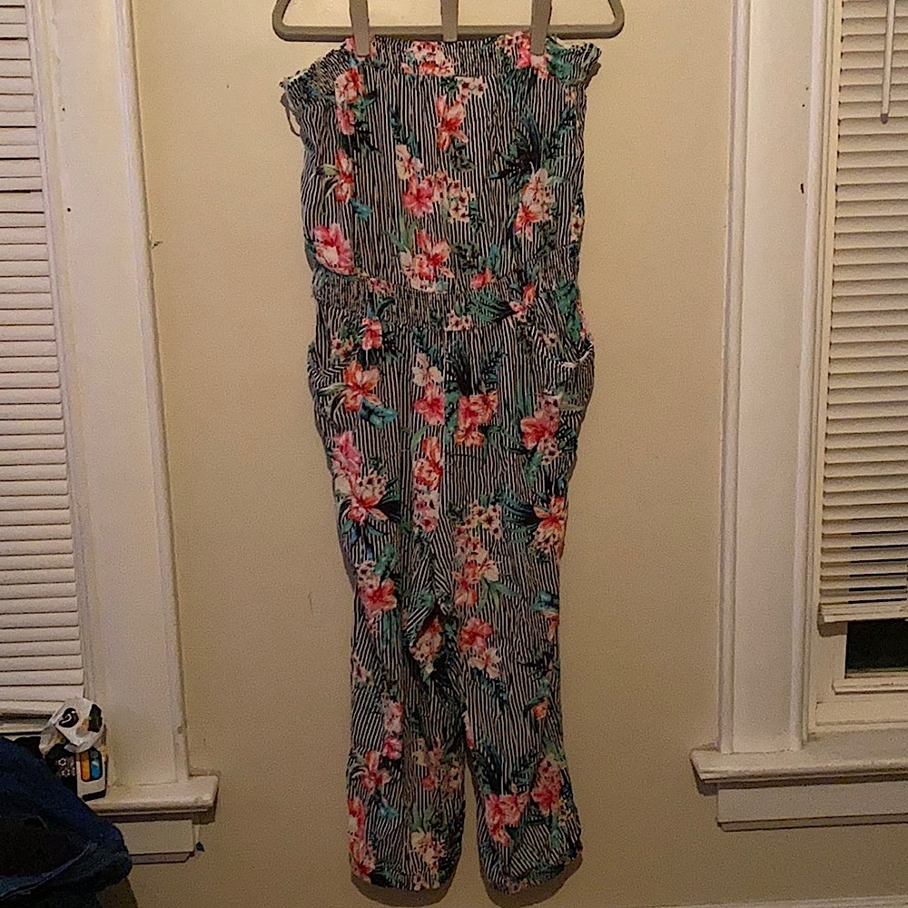 Black & White striped Strapless pink Floral Romper